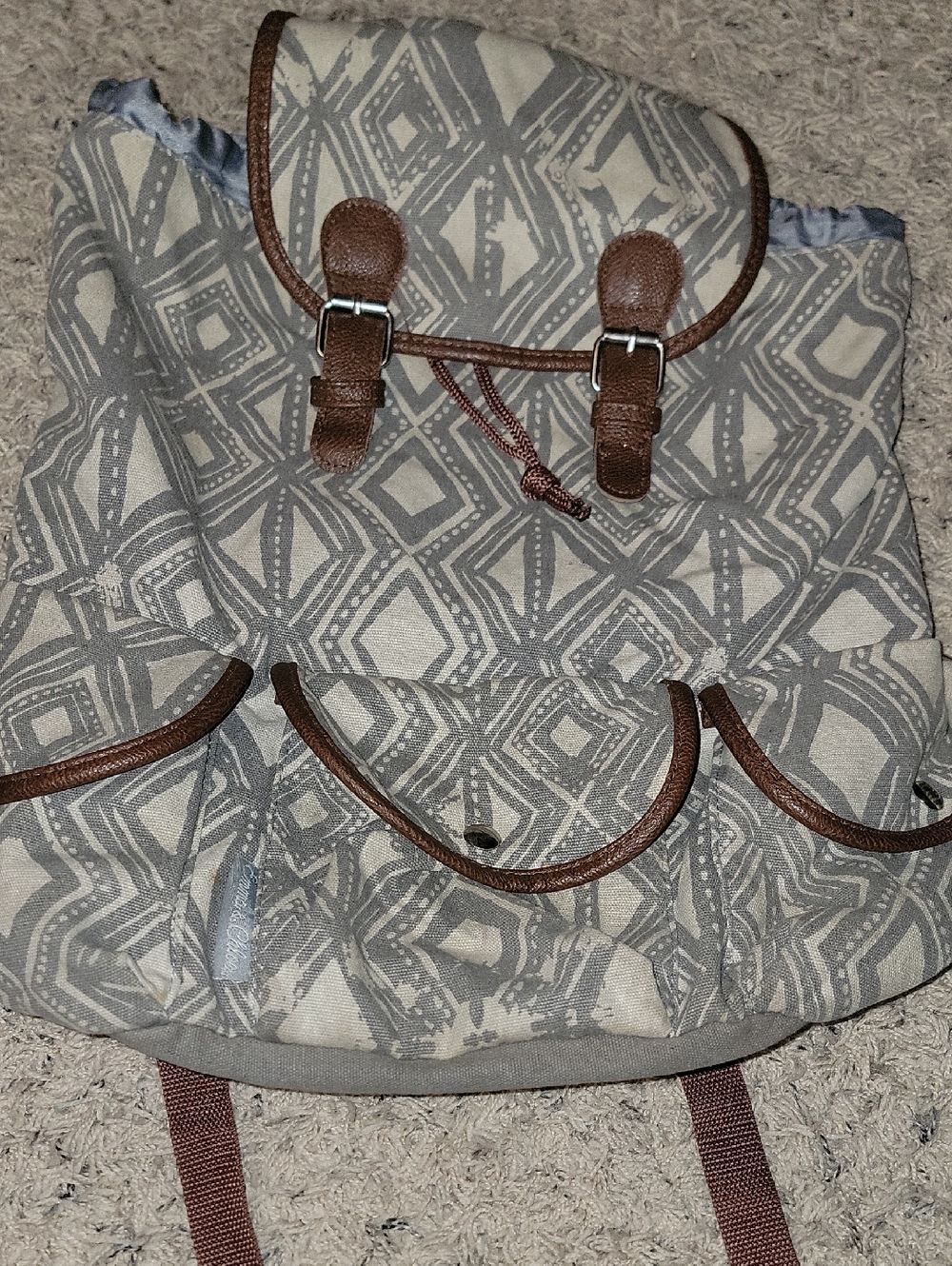 Gray Patterned Women's Backpack with Brown Trim